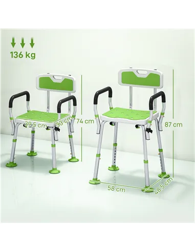 HOMCOM EVA Padded Shower Chair for the Elderly and Disabled, Height Adjustable Shower Stool with Back and Arms, 4 Suction Foot P