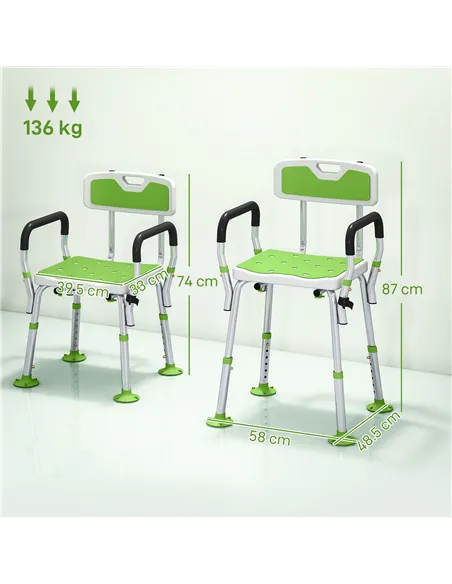 HOMCOM EVA Padded Shower Chair for the Elderly and Disabled, Height Adjustable Shower Stool with Back and Arms, 4 Suction Foot P