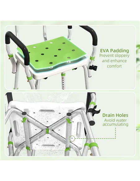 HOMCOM EVA Padded Shower Chair for the Elderly and Disabled, Height Adjustable Shower Stool with Back and Arms, 4 Suction Foot P