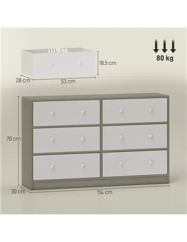 HOMCOM Chest of Drawers, Dresser with 6 Fabric Drawers - White and Grey