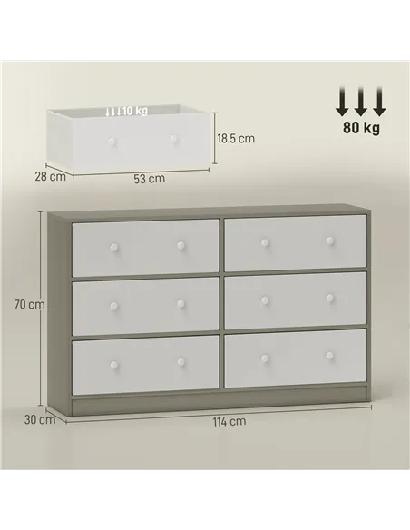 HOMCOM Chest of Drawers, Dresser with 6 Fabric Drawers - White and Grey
