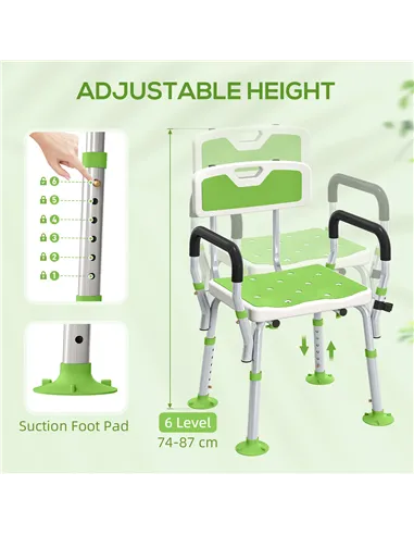 HOMCOM EVA Padded Shower Chair for the Elderly and Disabled, Height Adjustable Shower Stool with Back and Arms, 4 Suction Foot P