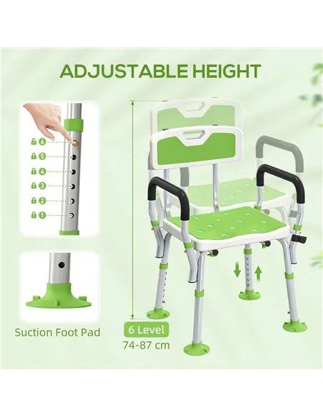 HOMCOM EVA Padded Shower Chair for the Elderly and Disabled, Height Adjustable Shower Stool with Back and Arms, 4 Suction Foot P