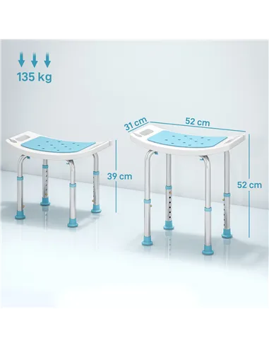 HOMCOM Shower Chair, Adjustable Height Shower Stool with Aluminium Frame and Non-Slip Feet, Bathtub Stool Seat for Elderly Disab