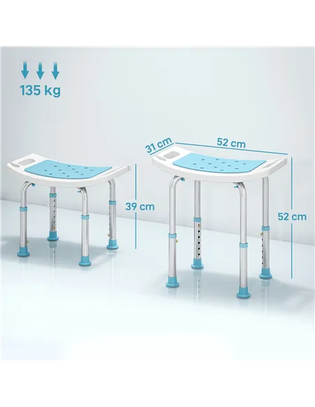HOMCOM Shower Chair, Adjustable Height Shower Stool with Aluminium Frame and Non-Slip Feet, Bathtub Stool Seat for Elderly Disab
