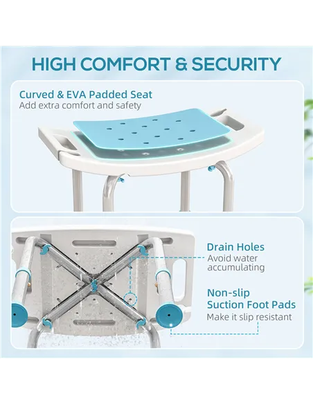 HOMCOM Shower Chair, Adjustable Height Shower Stool with Aluminium Frame and Non-Slip Feet, Bathtub Stool Seat for Elderly Disab