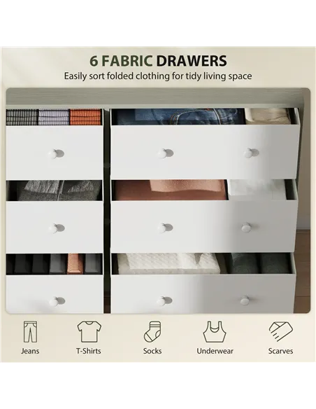 HOMCOM Chest of Drawers, Dresser with 6 Fabric Drawers - White and Grey