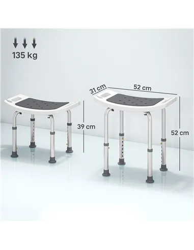 HOMCOM Shower Chair, Adjustable Height Shower Stool with Aluminium Frame and Non-Slip Feet, Bathtub Stool Seat for Elderly Disab