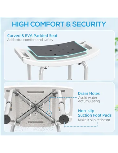 HOMCOM Shower Chair, Adjustable Height Shower Stool with Aluminium Frame and Non-Slip Feet, Bathtub Stool Seat for Elderly Disab