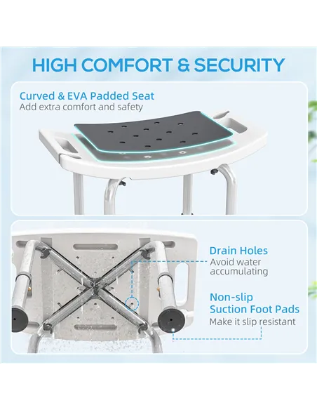 HOMCOM Shower Chair, Adjustable Height Shower Stool with Aluminium Frame and Non-Slip Feet, Bathtub Stool Seat for Elderly Disab