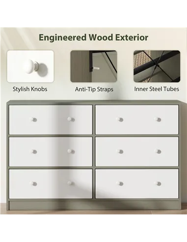 HOMCOM Chest of Drawers, Dresser with 6 Fabric Drawers - White and Grey