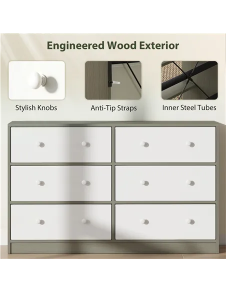 HOMCOM Chest of Drawers, Dresser with 6 Fabric Drawers - White and Grey