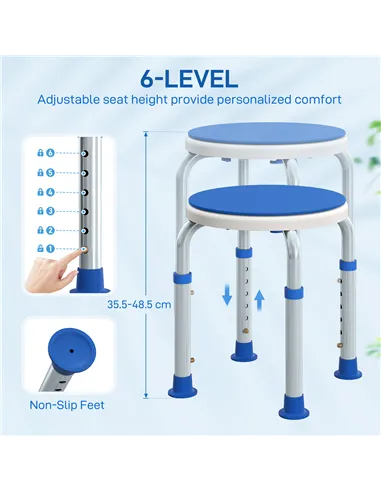HOMCOM 360° Swivel Shower Chair, Height Adjustable Aluminium Shower Stool with Non-Slip Feet for Disabled, Elderly, Blue