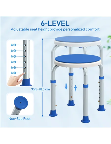 HOMCOM 360° Swivel Shower Chair, Height Adjustable Aluminium Shower Stool with Non-Slip Feet for Disabled, Elderly, Blue