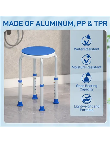 HOMCOM 360° Swivel Shower Chair, Height Adjustable Aluminium Shower Stool with Non-Slip Feet for Disabled, Elderly, Blue