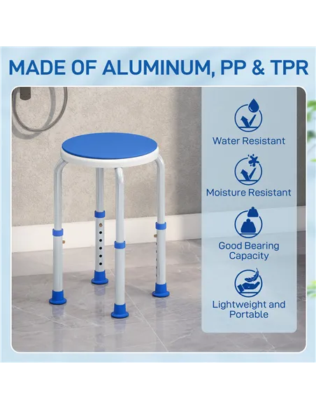 HOMCOM 360° Swivel Shower Chair, Height Adjustable Aluminium Shower Stool with Non-Slip Feet for Disabled, Elderly, Blue