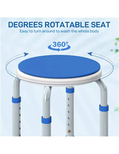 HOMCOM 360° Swivel Shower Chair, Height Adjustable Aluminium Shower Stool with Non-Slip Feet for Disabled, Elderly, Blue