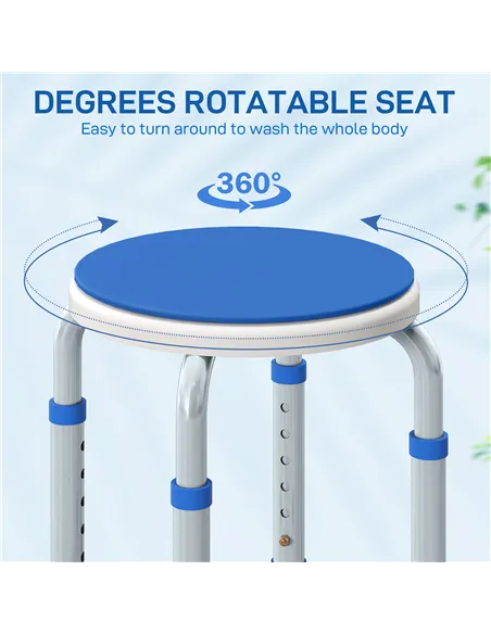 HOMCOM 360° Swivel Shower Chair, Height Adjustable Aluminium Shower Stool with Non-Slip Feet for Disabled, Elderly, Blue