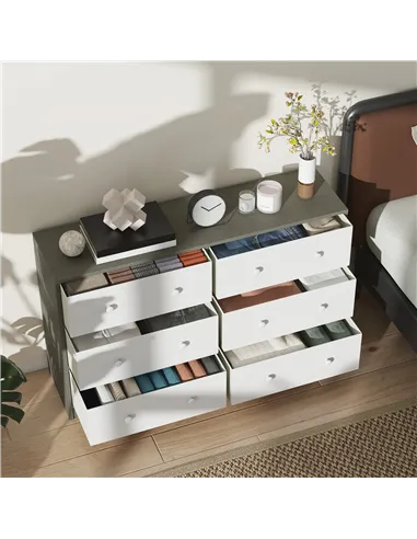 HOMCOM Chest of Drawers, Dresser with 6 Fabric Drawers - White and Grey