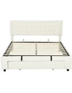 HOMCOM King Size Ottoman Bed Frame, with Front Drawer - Cream