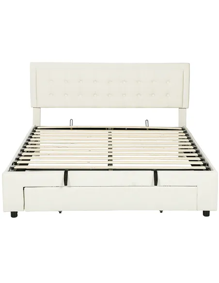 HOMCOM King Size Ottoman Bed Frame, with Front Drawer - Cream