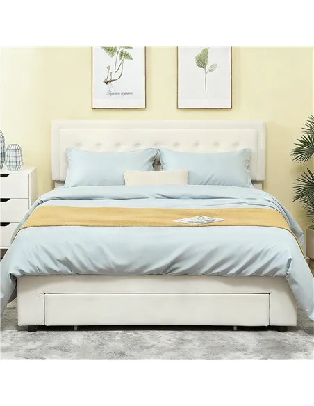 HOMCOM King Size Ottoman Bed Frame, with Front Drawer - Cream
