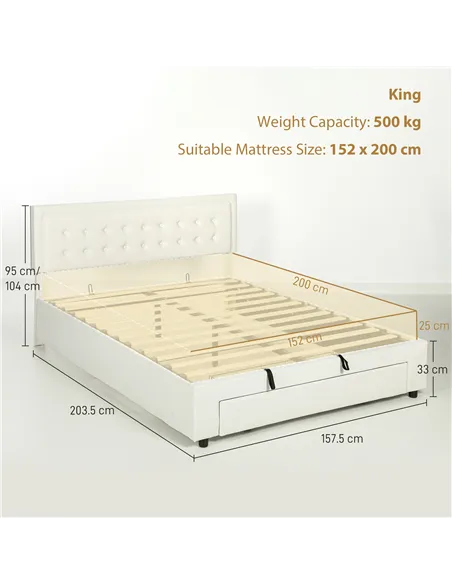 HOMCOM King Size Ottoman Bed Frame, with Front Drawer - Cream
