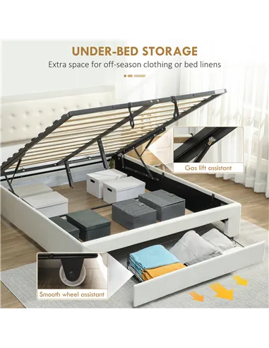 HOMCOM King Size Ottoman Bed Frame, with Front Drawer - Cream