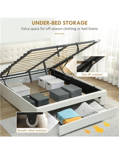 HOMCOM King Size Ottoman Bed Frame, with Front Drawer - Cream