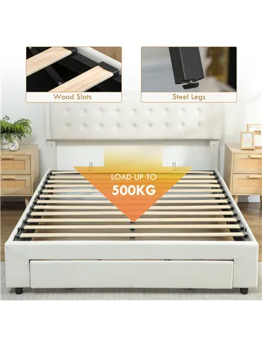 HOMCOM King Size Ottoman Bed Frame, with Front Drawer - Cream