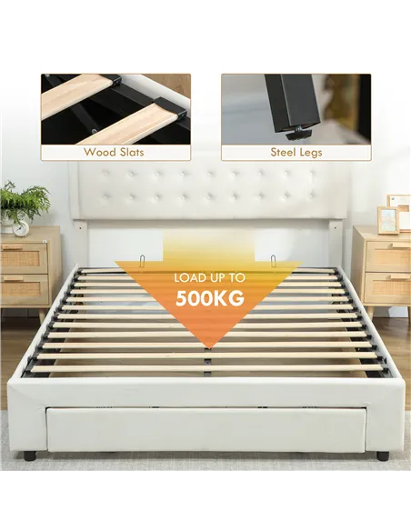 HOMCOM King Size Ottoman Bed Frame, with Front Drawer - Cream