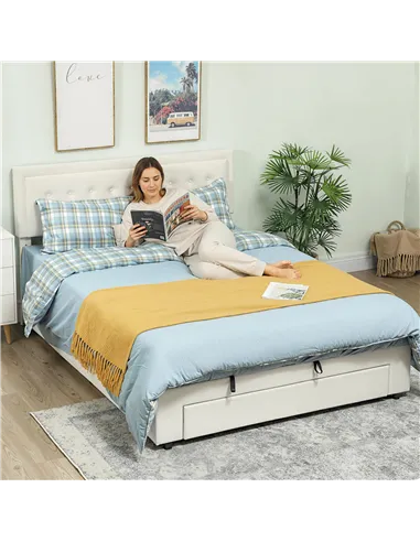 HOMCOM King Size Ottoman Bed Frame, with Front Drawer - Cream