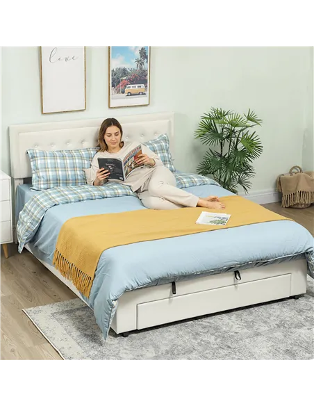 HOMCOM King Size Ottoman Bed Frame, with Front Drawer - Cream