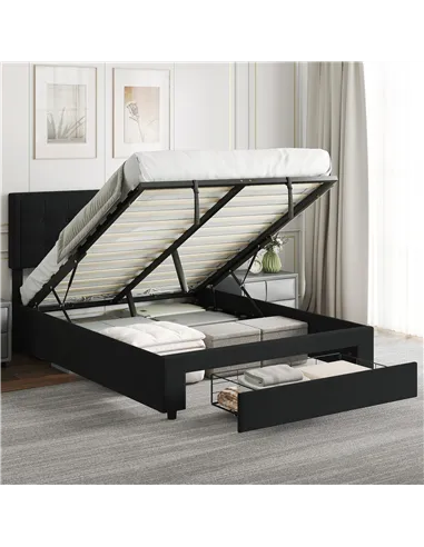 HOMCOM Double Ottoman Bed Frame, with Front Drawer - Black