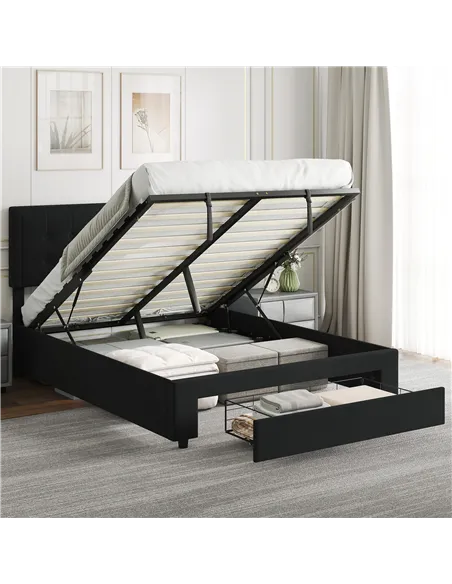 HOMCOM Double Ottoman Bed Frame, with Front Drawer - Black