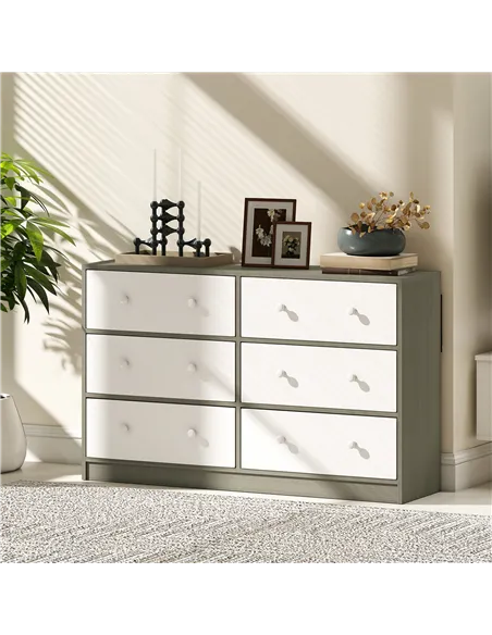 HOMCOM Chest of Drawers, Dresser with 6 Fabric Drawers - White and Grey