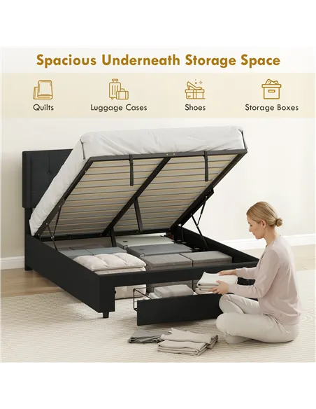 HOMCOM Double Ottoman Bed Frame, with Front Drawer - Black