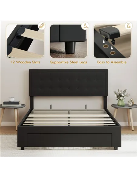 HOMCOM Double Ottoman Bed Frame, with Front Drawer - Black