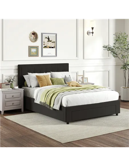 HOMCOM Double Ottoman Bed Frame, with Front Drawer - Black