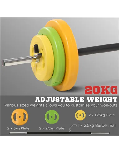 HOMCOM 20kg Adjustable Barbell Weights Set with Barbell Jack, Adjustable Weights Set with Non-slip Handle and Fixing Clip, for H