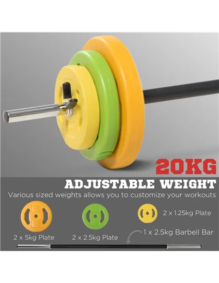 HOMCOM 20kg Adjustable Barbell Weights Set with Barbell Jack, Adjustable Weights Set with Non-slip Handle and Fixing Clip, for H