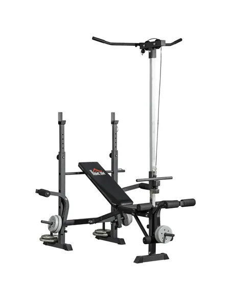 HOMCOM Adjustable Weight Bench with Pulley System, Incline Bench Press Set with Squat Rack, Leg Developer, Butterfly and Weight 