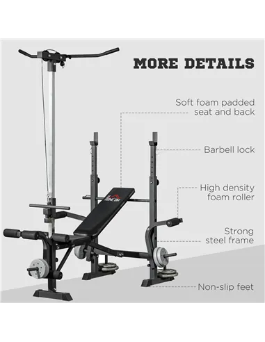 HOMCOM Adjustable Weight Bench with Pulley System, Incline Bench Press Set with Squat Rack, Leg Developer, Butterfly and Weight 