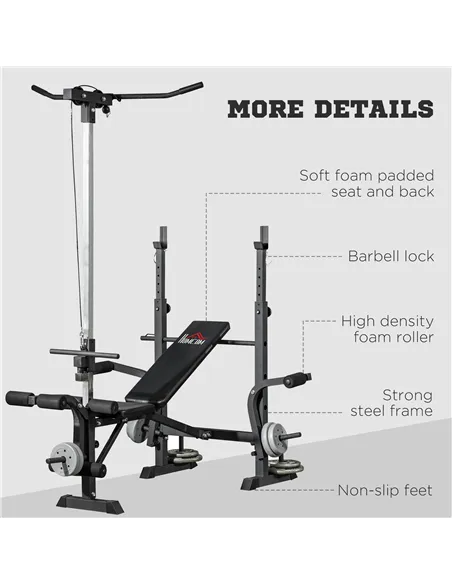 HOMCOM Adjustable Weight Bench with Pulley System, Incline Bench Press Set with Squat Rack, Leg Developer, Butterfly and Weight 