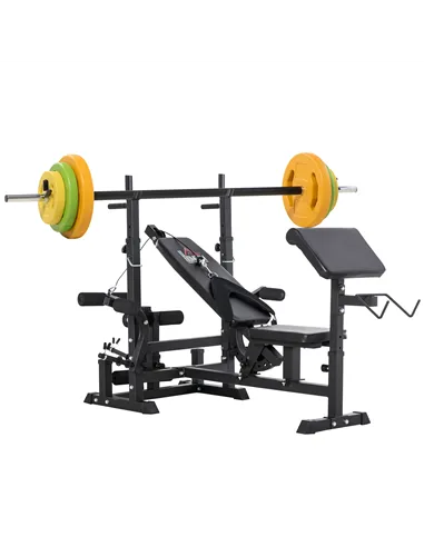 HOMCOM Weight Bench with Adjustable Barbell Rack, Leg Extension, Preacher Curl Pad and 20kg Barbell Set