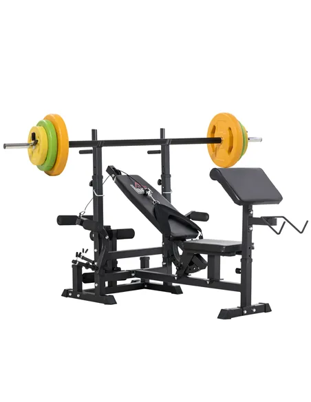 HOMCOM Weight Bench with Adjustable Barbell Rack, Leg Extension, Preacher Curl Pad and 20kg Barbell Set