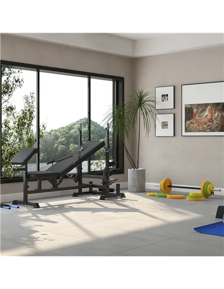 HOMCOM Weight Bench with Adjustable Barbell Rack, Leg Extension, Preacher Curl Pad and 20kg Barbell Set