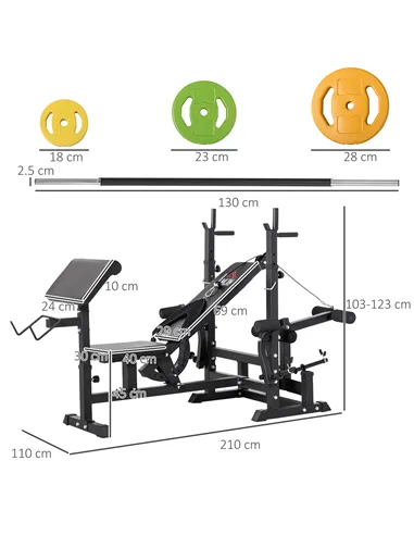 HOMCOM Weight Bench with Adjustable Barbell Rack, Leg Extension, Preacher Curl Pad and 20kg Barbell Set