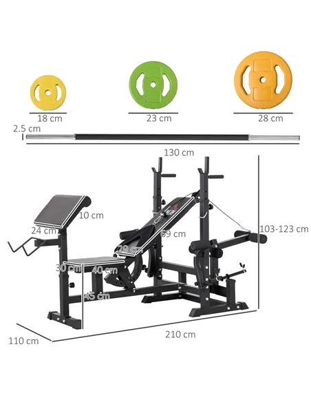 HOMCOM Weight Bench with Adjustable Barbell Rack, Leg Extension, Preacher Curl Pad and 20kg Barbell Set