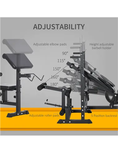 HOMCOM Weight Bench with Adjustable Barbell Rack, Leg Extension, Preacher Curl Pad and 20kg Barbell Set